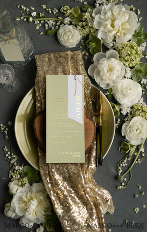 glitter/ luxury premium Luxury Custom Gold Foil Wedding Menu, Elegant Sage Green Wedding Menu Cards, Glamour Green Golden Shine Dinner Menu, Geometric Wedding Menu With Golden Twine
