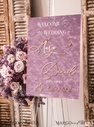 plexi gold / velvet Velvet Mauve Wedding Welcome Sign,  Dusty Rose GoldenWedding Decor, Personalised Wedding Sign, Purple Welcome Wedding Board MvS