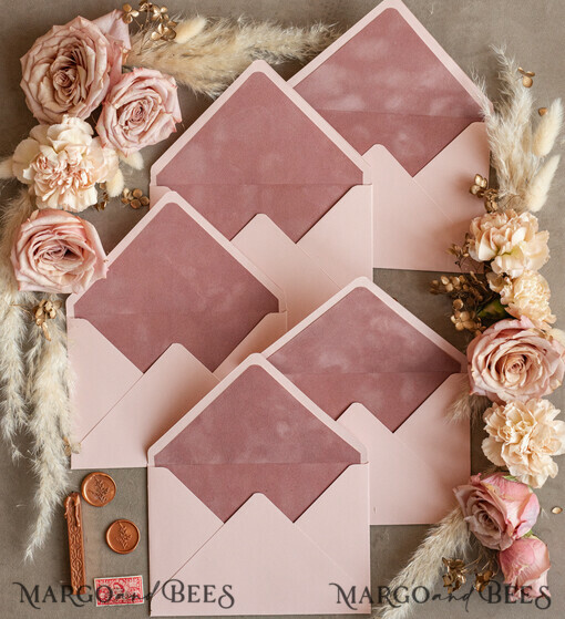 WEDDING INVITATIONS Velvet Envelopes  blush pink envelopes for invitations with velvet liners, a7 handmade  Envelopes with velvet liner for Wedding cards