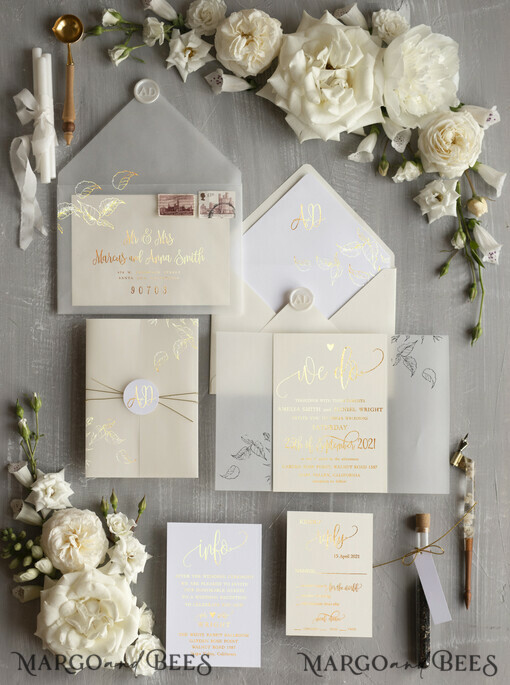 WEDDING INVITATIONS gold / rose gold / silver / glitter Glamour Champagne Shimmer Wedding Invitations, Elegant Ivory Wedding Invites, Bespoke White Vellum Wedding Invitation Suite, Golden Shine Wedding Cards