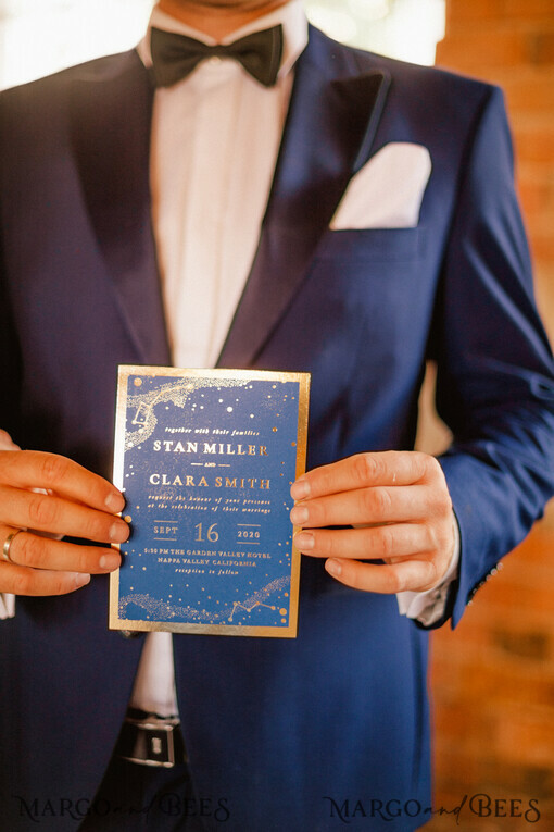 WEDDING INVITATIONS gold / rose gold / silver / glitter  Luxury Golden Shine Wedding Invitations, Royal Navy Blue Wedding Invites, Glamour Gold Foil Wedding Cards, Elegant, Bespoke Galaxy Wedding Invitation Suite