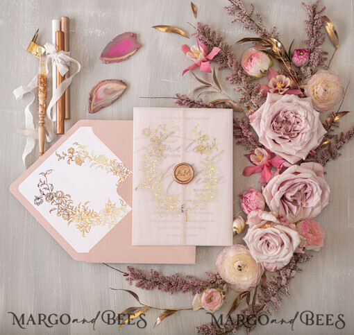 WEDDING INVITATIONS gold / rose gold / silver / glitter Glamour Golden Shine Wedding Invitations, Romantic Blush Pink Wedding Invitation Suite, Luxury Gold Foil Wedding Cards, Elegant White Vellum Invites