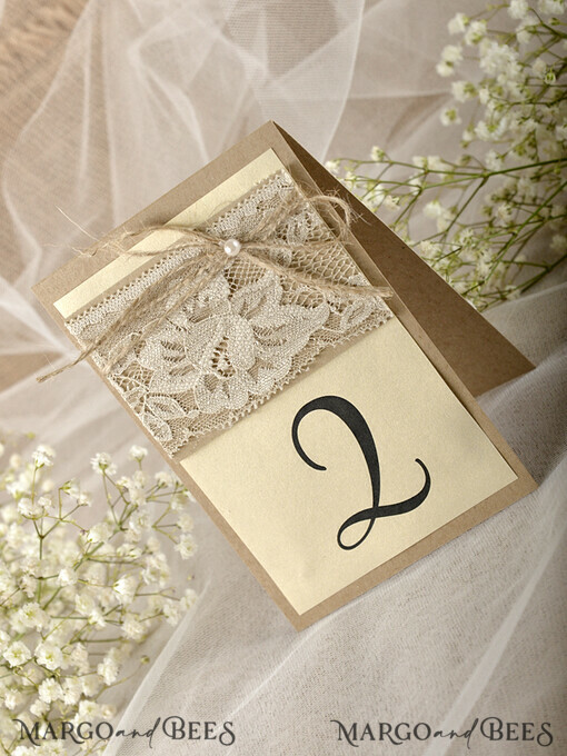 TABLE DECOR SIGNS Wood Eco Rustic Table numbers Romantic Lace Eco Brown and Ivory Wedding Table Numbers with Burlap Twine, Custom Eco Handcrafted Wedding Stationery, Simple Natural Handmade Rustic Table Cards