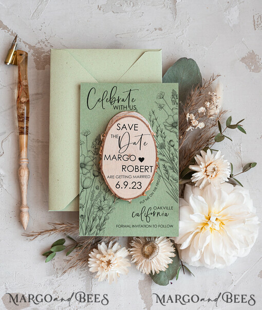 SAVE THE DATES rustic boho magnets Sage Green Wedding Save The Date Card and wooden slice Magnet, craft Save Our Date wood slice Magnets, Boho save our dates Cards wooden Magnets Cards, boho wedding save the date cards and slice magnets