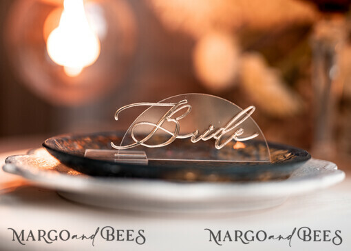 PLACE CARDS / TABLE CARDS Acrylic Gold Clear / Wood 3D Modern Half Arch Acrylic Place Card with Stand, Premium Wedding Seat Cards, Clear Acrylic Name Card, Luxury Seating Card, Gold 3D Guest Names, Editable Text