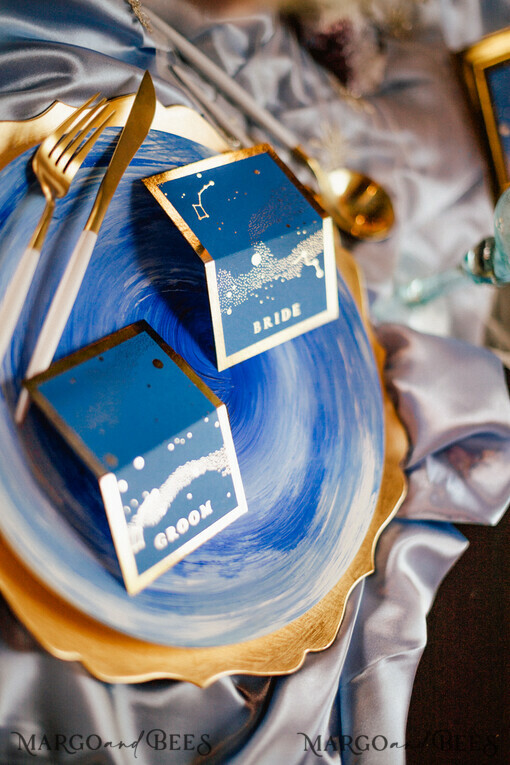 PLACE CARDS / TABLE CARDS Luxury Premium Glitter/ Gold/ Silver/ Rose Gold Galaxy Blue Wedding Place Cards with Gold Foil Printout, Stars Wedding Name Tags, Modern Wedding Stationery, Luxury Gold Foil Wedding Place Cards, Custom text