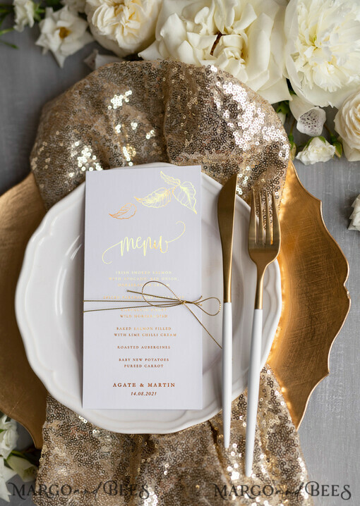 MENU & PROGRAMS glitter/ luxury premium Glamour White Wedding Menu With Gold Foil, Elegant Minimalistic Gold Foil Wedding Menu Cards, Simple Modern Dinner Menu With Twine, Golden Shine Wedding Menu