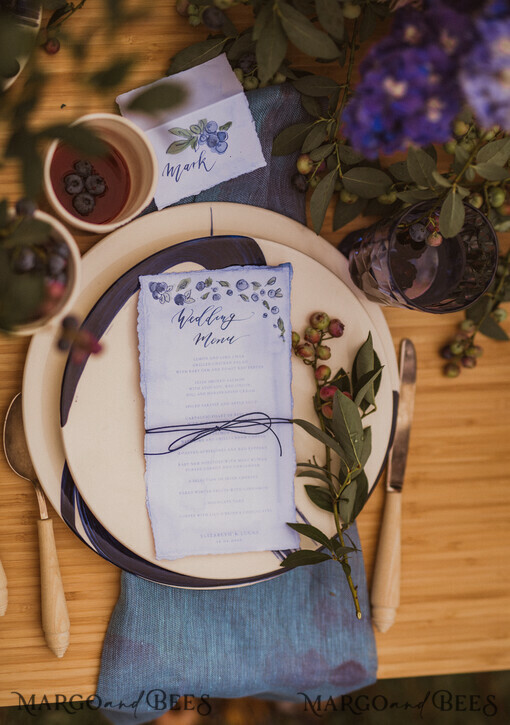 MENU & PROGRAMS romantic Blueberry Wedding Menu, Floral Blue Wedding Menu, Watercolor Blueberries Menu Card, Chic Minimalistic Blueberry and Foliage Wedding Menu, Cute Blueberry Menu