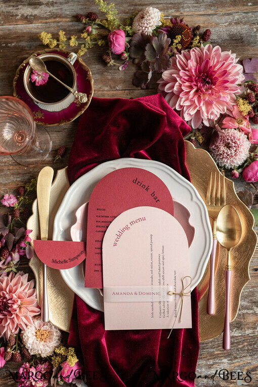 MENU & PROGRAMS romantic Arch Wedding Menu, Minimalist Blush Pink & Red Menu with Vellum Place Card and Golden Twine, Modern Arched Dinner Menu Cards, Handmade Simple Geometric Menu