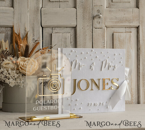 WEDDING GUEST BOOKS Instax Instant Photo Book Pearls White Gold Acrylic Wedding Guest Book Personalised and sign set, Velvet Beaded Instant Photo Book Boho Elegant Instax Wedding Photo Guestbook