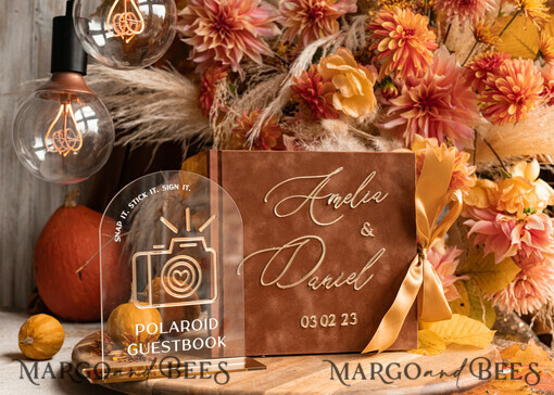 WEDDING GUEST BOOKS Instax Instant Photo Book Fall Terracotta Gold Acrylic Wedding Guest Book Personalised and sign set, Velvet Rust Instant Photo Book Boho Elegant Instax Wedding Photo Guestbook