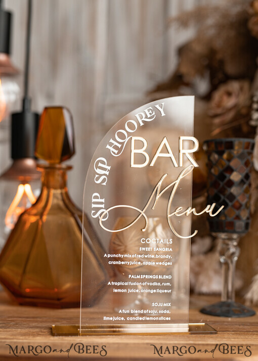 TABLE DECOR SIGNS Acrylic table decor Numbers Acrylic Half Arch Clear Bar Menu, Transparent Acrylic Gold Bar Menu,  Gold Plexi Drink Bar Menu, Plexi Glas Luxury Wedding Drink Bar Table Decor, Wedding Signage Golden Mirror Bar Menu
