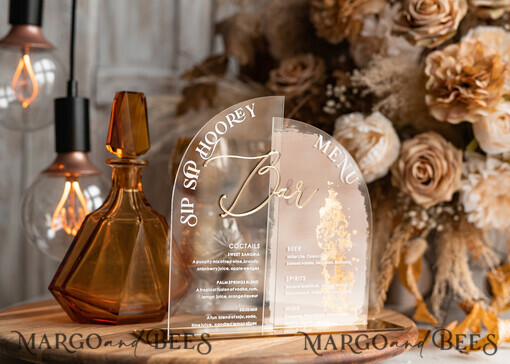 TABLE DECOR SIGNS Acrylic table decor Numbers Acrylic Arch Ombre Beige Bar Menu, Clear Acrylic And Gold Bar Menu, Nude Taupe Gold Plexi Drink Bar Menu, Tan Luxury Wedding Drink Bar Table Decor, Earthy Wedding Signage Golden Mirror Bar Menu