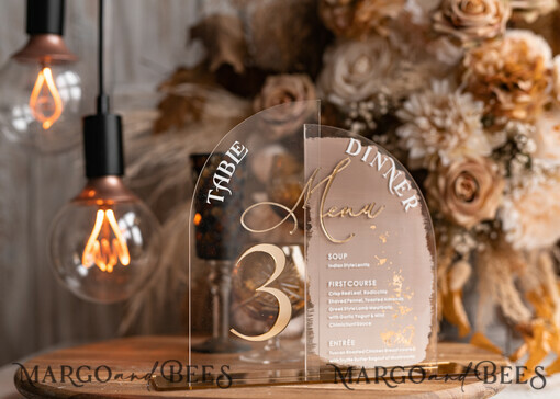 TABLE DECOR SIGNS Acrylic table decor Numbers Acrylic Half Arch Table Number and menu Combo, Clear and Frozen Acrylic gold Sign, Gold Plexi Table Number and Menu Combo Luxury Wedding Table Decor, Wedding Signage