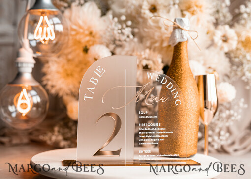 TABLE DECOR SIGNS Acrylic table decor Numbers Acrylic Arch Table Number and menu Combo, Clear and Frozen Acrylic gold Sign, Gold Plexi Table Number and Menu Combo Luxury Wedding Table Decor, Wedding Signage