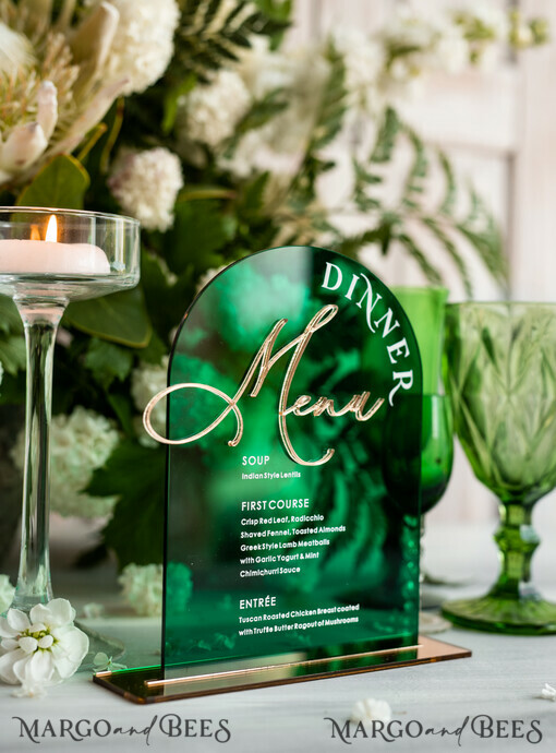 TABLE DECOR SIGNS Acrylic table decor Numbers Acrylic Arch Green Table menu, Emerald Green Acrylic and gold Sign, Gold Plexi Table Numbers, Greenery Luxury Wedding Table Decor, Wedding Signage Golden mirror