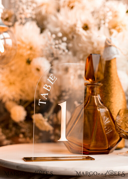 TABLE DECOR SIGNS Acrylic table decor Numbers Acrylic Arch Table Numbers, Clear Acrylic and golden Sign, Gold Plexi Table Numbers, Luxury Wedding Table Decor, 3D Golden mirror Wedding Signage, Editable Text