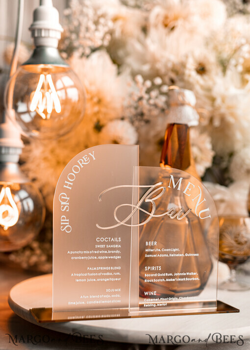 TABLE DECOR SIGNS Acrylic table decor Numbers Acrylic Arch Bar Menu, Clear Frozen Acrylic Sign, 3D Gold Plexi Menu Sign, Luxury Wedding Table Decor, Wedding Signage frosted & Gold mirror sign, Editable text