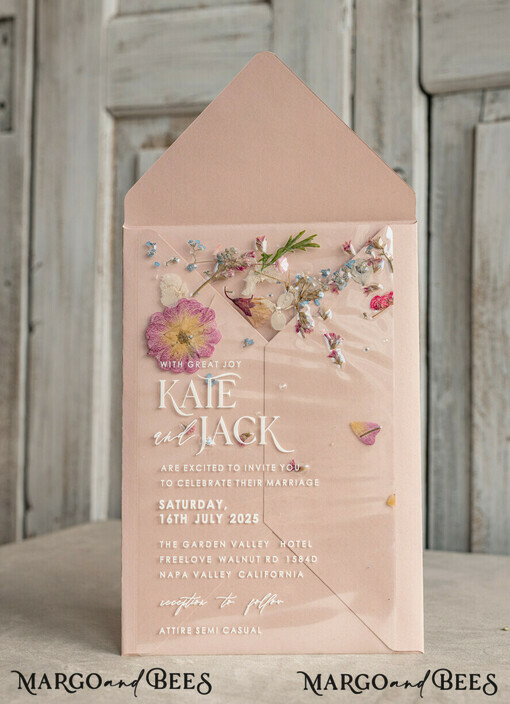 SAMPLING SERVICE samples sample Blush Pink Clear real flowers Wedding Invitations, Elegant Garden  pampass gras Wedding Cards, Velvet  transparent  Wedding Invites,  Wedding Invitation Suite