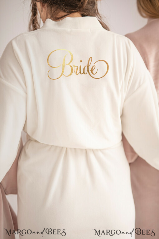 NEWLY WEDS COUPLE GIFTS Bride gifts Bride robe with gold foil custom inscription, Velvet Robe for bride with lace sleeve, Bridal Robe bespoke
