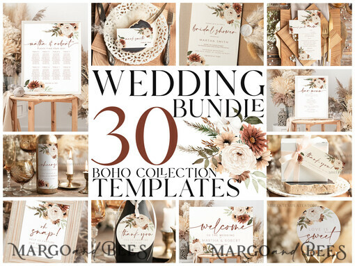 TEMPLETT wedding set Fall Rustic Wedding Invitation template dowload Set, wedding Bundle Templates, Diy Home printing wedding Kit Wboho10