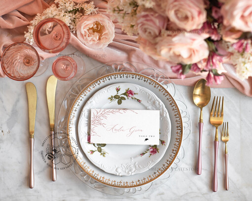 TEMPLETT wedding stationery Boho Blush Pink Place Card template editable, Instant download, place cards with meal icon, Garden escort cards Printable