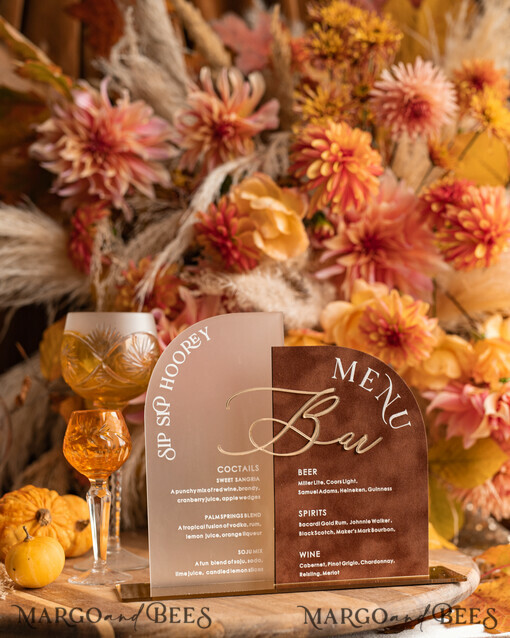 TABLE DECOR SIGNS Velvet table Numbers and Decor Acrylic Arch Bar Menu Combo, Clear Plexi Glass gold  Rust Velvet Drink Bar Menu Sign with Stand, Terracotta Plexi Table Bar Menu Combo Luxury Wedding Table Decor, Wedding Signage Burnt Orange drink Bar Menu