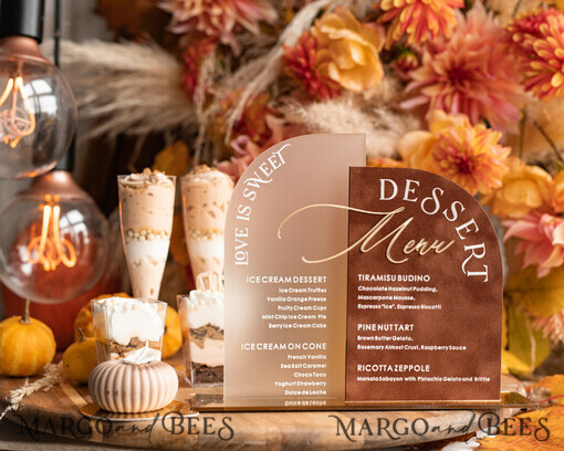 TABLE DECOR SIGNS Velvet table Numbers and Decor Acrylic Arch Dessert Menu, Terracotta Frozen Acrylic gold Candy Bar Sign, Fall Gold Plexi Table Dessert Menu Menu Combo Luxury Wedding Table Decor, Wedding Signage Golden mirror Candy Bar Menu