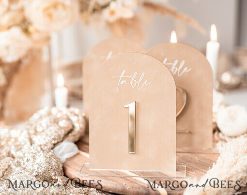 TABLE DECOR SIGNS Velvet table Numbers and Decor Luxury Velvet Arched Table numbers with Acrylic stand,  Beige Velvet and Gold Acryl Wedding Table Decor, 3D Golden Letters Arched Table Numbers, Wedding Signage