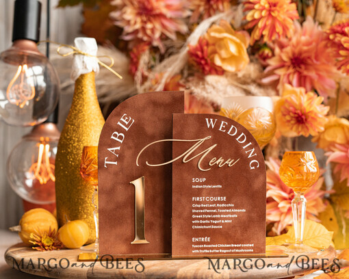 TABLE DECOR SIGNS Velvet table Numbers and Decor Acrylic Arched Table Numbers and Menu Set, Clear And Frozen Acrylic Gold Sign, Gold Table Numbers And Menu Set, Terracotta Velvet Table Numbers, Wedding Signage