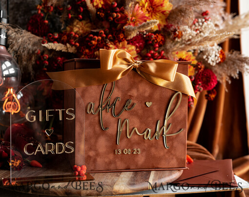 CARD BOXES velvet card boxes Terracotta Fall Card Box and Arch Acrylic Cards & Gifts Clear Sign, Velvet Rust Wedding Card Box with Lid, Burnt Orange Wedding Money Box,  Copper Wedding Card Box cards and gift Arch acrylic sign set