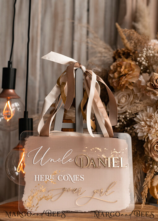 FLOWER GIRL / Page Boy SIGNS acrylic flower girl / page boy signs Personalised Arch acrylic wedding Page Boy sign, Ombre Beige Gold acrylic Page boy sign, painted plexi glass acrylic flower girl sign, flower girl wedding day sign, boho glam arch gold acrylic wedding decor for flower girl, daddy its time to give mummy our last name, arch acrylic here comes the bride