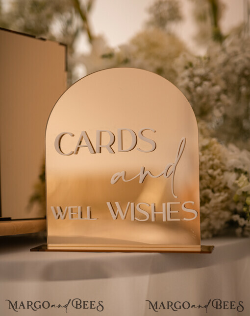 TABLE DECOR SIGNS Guestbook & Cards Gifts Signs Acrylic Arch Cards And Well Wishes Sign, Golden Acrylic Sign, Gold Plexi Sign, Luxury Wedding Table Decor, Custom Wedding Signage Golden Mirror Cards Sign