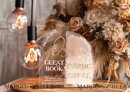 TABLE DECOR SIGNS Guestbook & Cards Gifts Signs Acrylic Arch cards & guestbook sign Combo , Clear Beige Ombre Acrylic & gold Sign, Gold Plexi card box and sign our guestbook sign, Luxury Wedding Nude Table Decor, Wedding Taupe Signage Golden mirror cards  guestbooksign