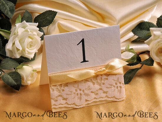 TABLE DECOR SIGNS romantic Romantic Wedding Table Numbers with Ecru Ribbon, Glamour Vintage Lace Wedding Table Cards, Elegant Handmade Editable Custom Cards, Simple Delicate Wedding Signs 010/romw/tn