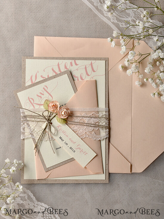 WEDDING INVITATIONS vintage lace/ rustic lace Peach Rustic Wedding Invitations with Real Lace Minimalist Invitation perfect for Summer Country Wedding 01/laceS/z