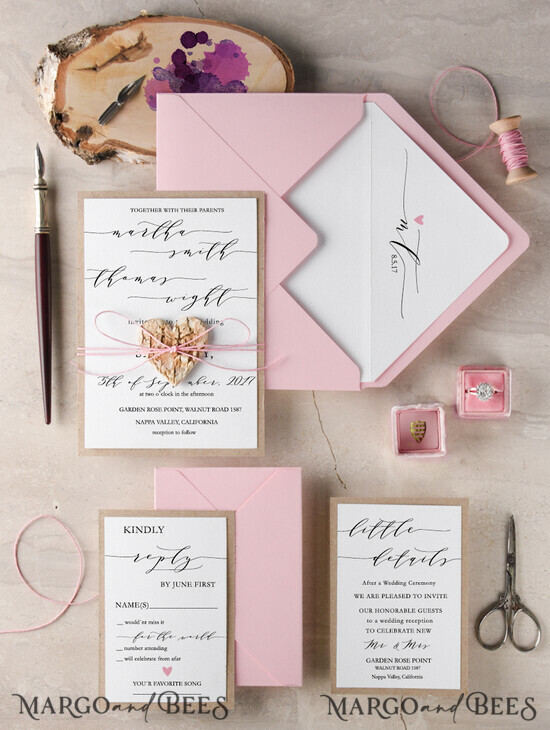 WEDDING INVITATIONS Elegant Invites Classic Cards Elegant Classic Wedding Invitations Pink Personalized Stationery Patel Pink Paper Wooden Heart Invites with Monogram Envelope Liner 010/CG/z