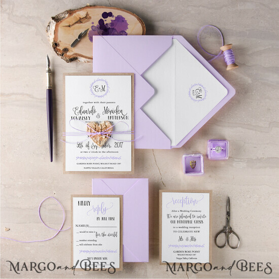WEDDING INVITATIONS Elegant Invites Classic Cards Classic Elegant Wedding Invitation Suite Floral Wreath Personalized Invitations Purple Paper Wooden Heart Invites with Monogram Envelope Liner 011/CG/z