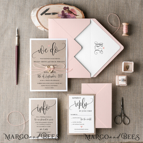 WEDDING INVITATIONS Elegant Invites Classic Cards Cheap Rustic Wedding invitations Pink Minimalist Stationery We Do Romantic Suite with Wooden Heart and Bow pink envelope 014/CG/z