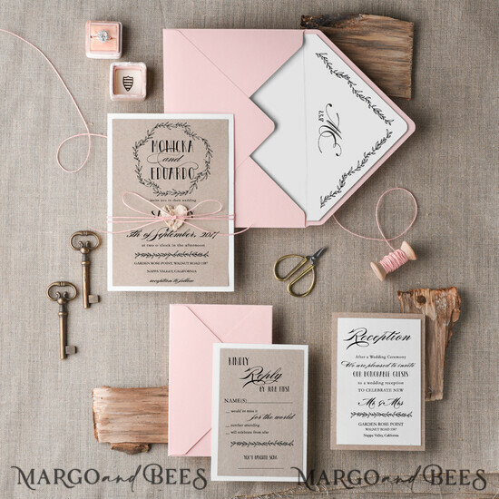 WEDDING INVITATIONS Elegant Invites Classic Cards Rustic Wedding Invitation Suite Floral wreath Personalized Invitations Peach Paper Wooden Heart Invites with Monogram Envelope Liner and Twine 015/CG/z