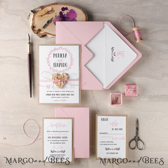 WEDDING INVITATIONS Elegant Invites Classic Cards Elegant Classic Wedding Invitation Floral Wreath Personalized Invitations Patel Pink Paper Wooden Heart Invites with Monogram Envelope Liner 016/CG/z