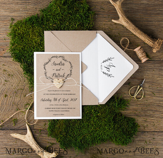 WEDDING INVITATIONS Elegant Invites Classic Cards Cheap Rustic Wedding Invitation Suite Floral Wreath Personalized Invitations Craft Paper Wooden Heart Invites with Monogram Envelope Liner 002/CG/z