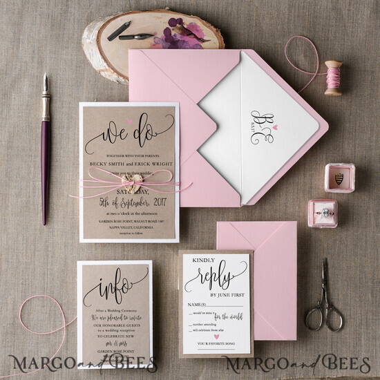 WEDDING INVITATIONS Elegant Invites Classic Cards Cheap Pink Wedding invitations Rustic Stationery Eco Suite with Wooden Heart and Twine 003/CG/z