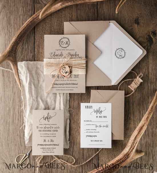 WEDDING INVITATIONS Elegant Invites Classic Cards Rustic Wedding Invitations Burlap Belly Band Stationery Bespoke Suite with Wooden Slice Tag and Monogram Wreath 004/CG/z