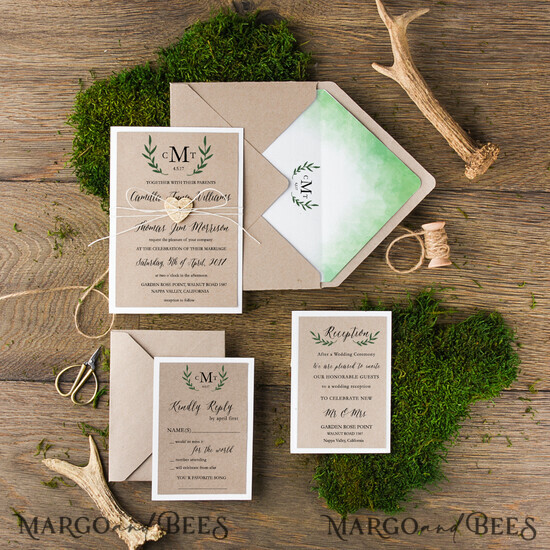 WEDDING INVITATIONS Elegant Invites Classic Cards Rustic Olive Branch Wedding Invitation Suite Tuscany Personalized Invitations Craft Paper Wooden Heart Invites with Monogram Ombre Envelope Liner 005/CG/z