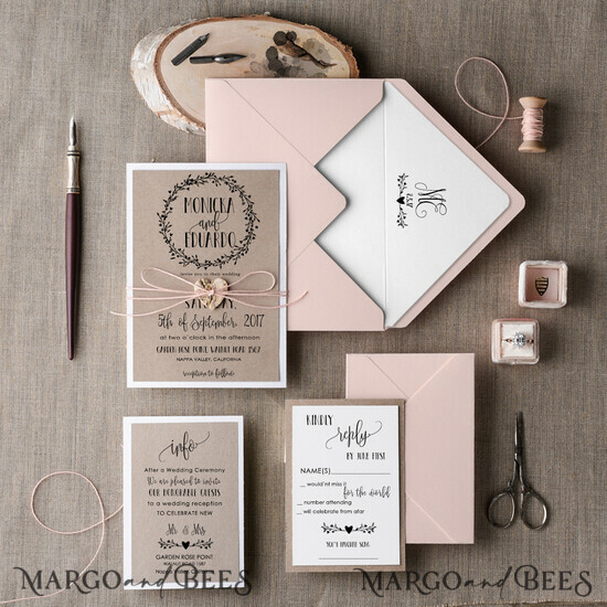 WEDDING INVITATIONS Elegant Invites Classic Cards Cheap Rustic Wedding Invitation Suite Floral Wreath Personalized Invitations Craft Paper Wooden Heart Invites with Monogram Peach Envelope Liner 006/CG/z