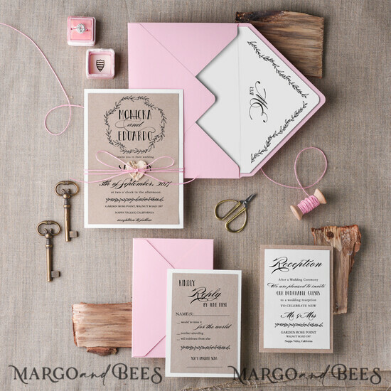 WEDDING INVITATIONS Elegant Invites Classic Cards Cheap Rustic Wedding Invitation Suite Floral WreathPersonalized Invitations Craft Paper Wooden Heart Invites with Monogram Pink Envelope Liner 007/CG/z
