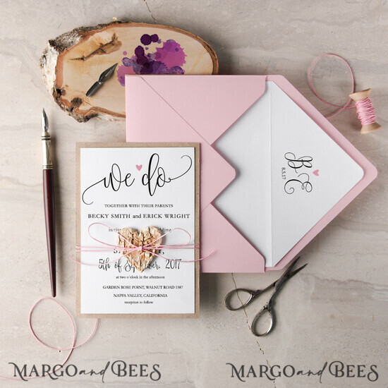 WEDDING INVITATIONS Elegant Invites Classic Cards Unique Elegant Wedding Invitations Pink We Do Stationery Bespoke Suite with Wooden Heart and Blush Envelope 008/CG/z