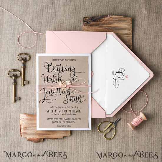 WEDDING INVITATIONS Elegant Invites Classic Cards Rustic Wedding Invitation Suite Personalized Invitations Craft Paper Wooden Heart Invites with Monogram Envelope Pink Liner 009/CG/z