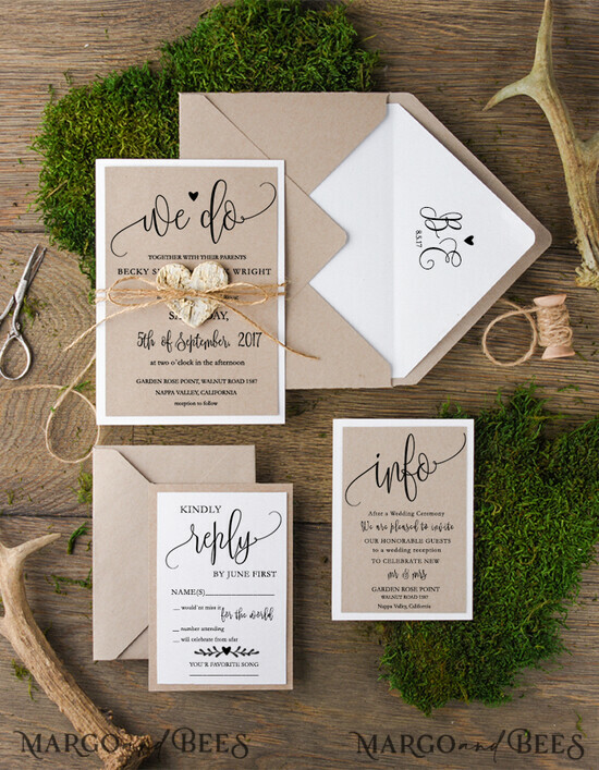 WEDDING INVITATIONS Elegant Invites Classic Cards Cheap Rustic Wedding invitations Eco Craft Minimalist Stationery We Do Romantic Suite with Wooden Heart and Twine Bow 01A/CG/z